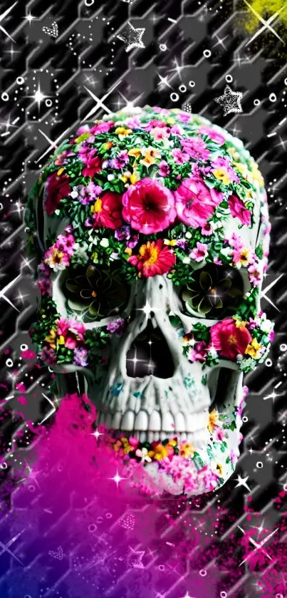 Floral skull art in neon colors with abstract background.