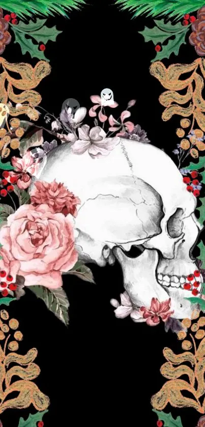 Skull with floral decorations in artistic mobile wallpaper.