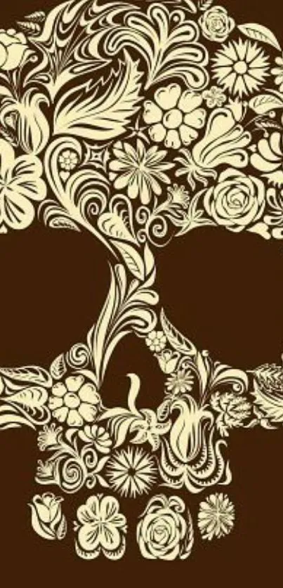 Floral skull design on brown background wallpaper.