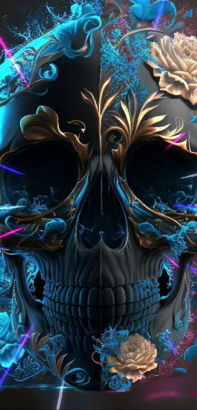 Intricate floral skull with blue and pink hues on a mobile wallpaper.
