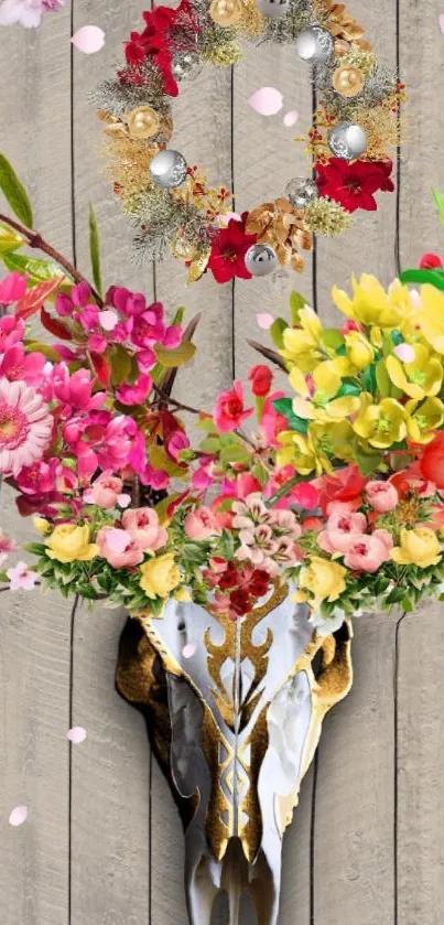 Floral skull with colorful blossoms art.