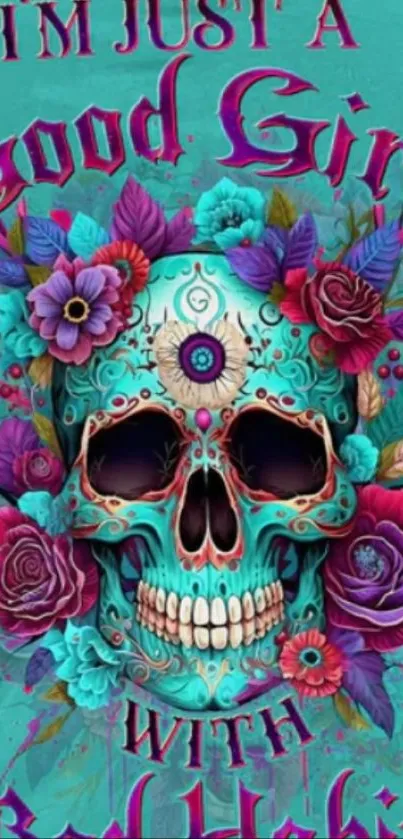 Vibrant floral skull wallpaper art with colorful flowers and intricate details.