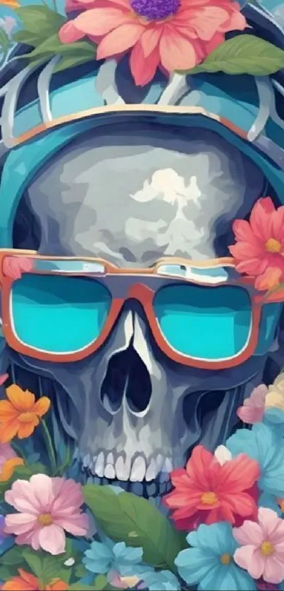 Artistic skull with vibrant floral design and sky blue accents.