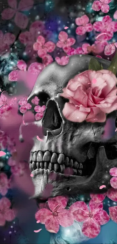 Artistic skull with pink floral design mobile wallpaper.