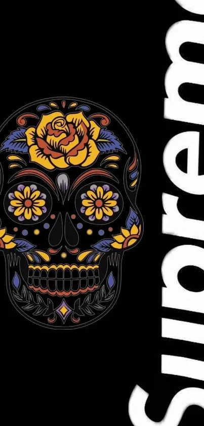 Floral skull with dark background, Supreme text on wallpaper.