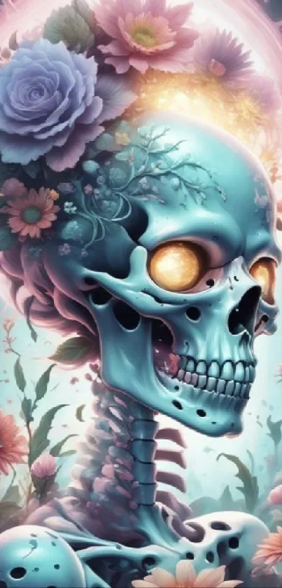 Surreal floral skull design with vibrant colors.