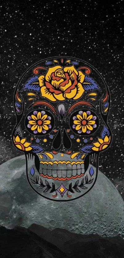 Floral skull with galaxy background on mobile wallpaper.