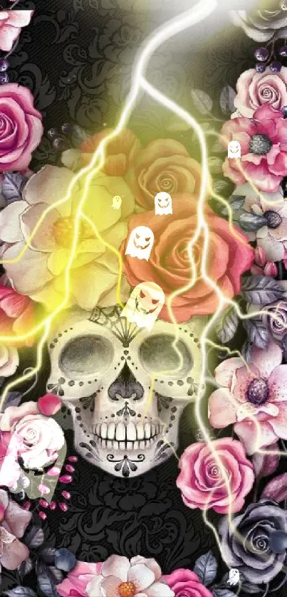 Floral skull with lightning on dark background wallpaper.