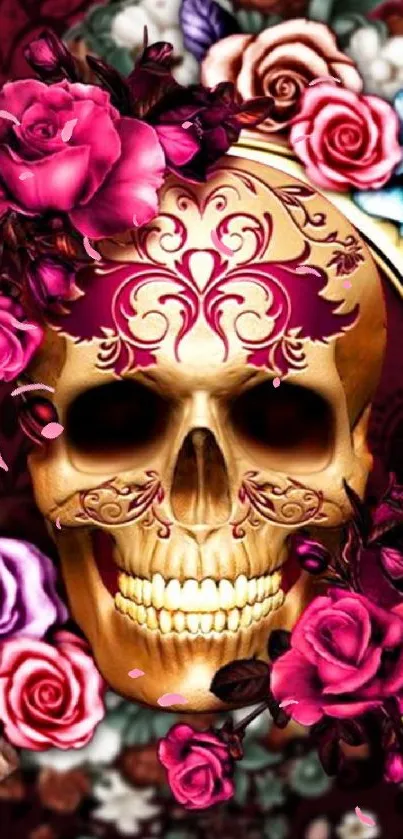 Gothic skull with vibrant floral design on dark background.