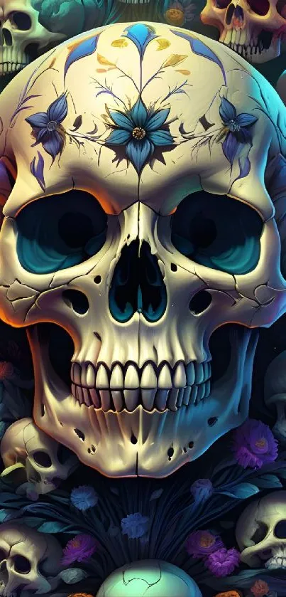 Artistic floral skull design with vibrant colors for phone wallpaper.