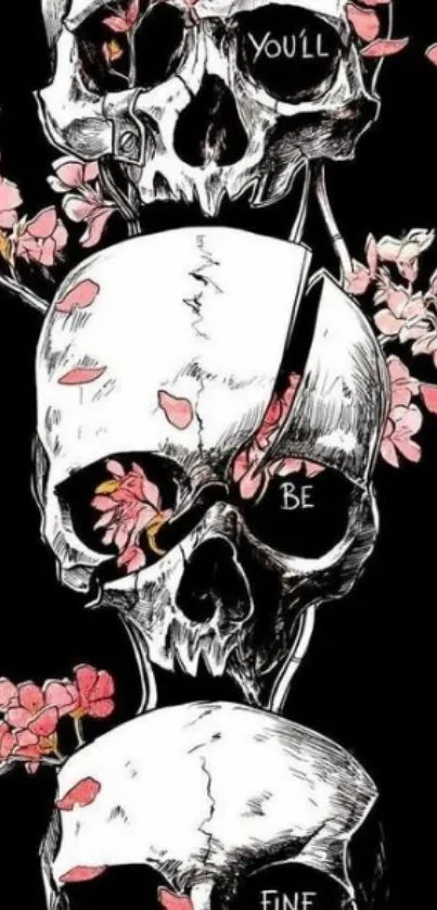 Artistic skull wallpaper with pink blossoms on a dark background.