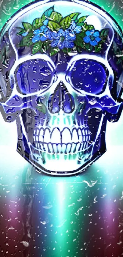 Neon skull art with floral patterns on a colorful background.