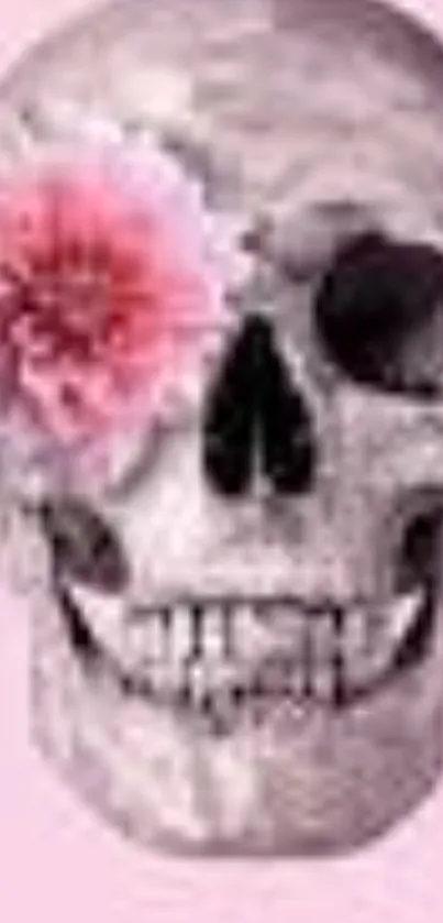 Wallpaper of a floral skull on pink background with a pink flower accent.