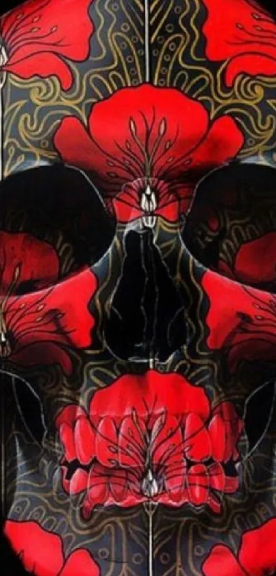 Artistic skull with red flowers on dark background wallpaper.