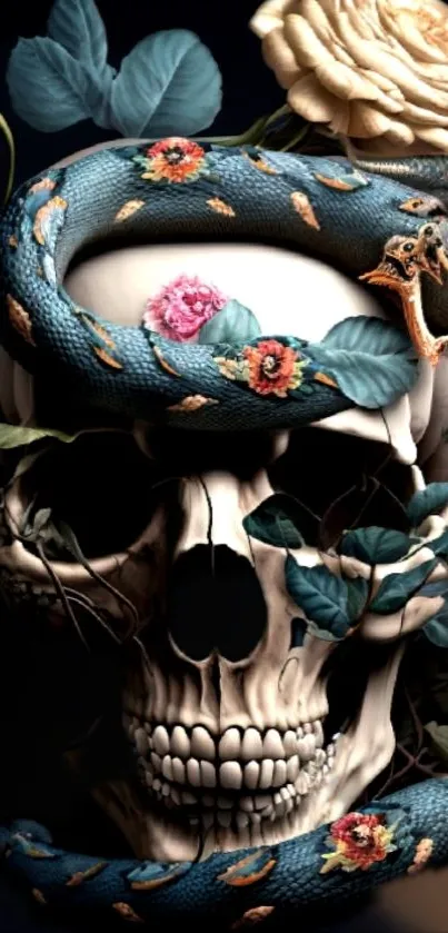 Skull with floral snake on navy background.