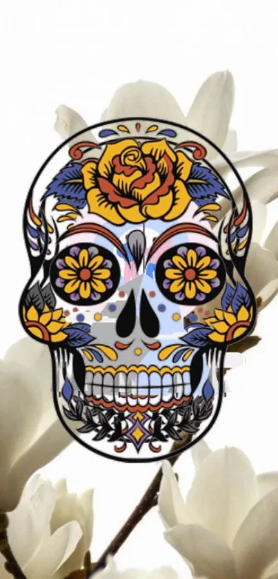 Colorful floral skull on white flower background wallpaper