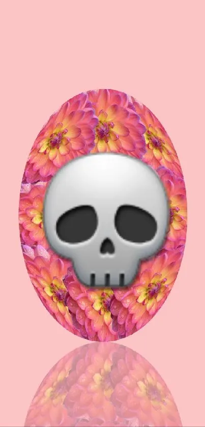 Floral skull design on pastel pink wallpaper background.