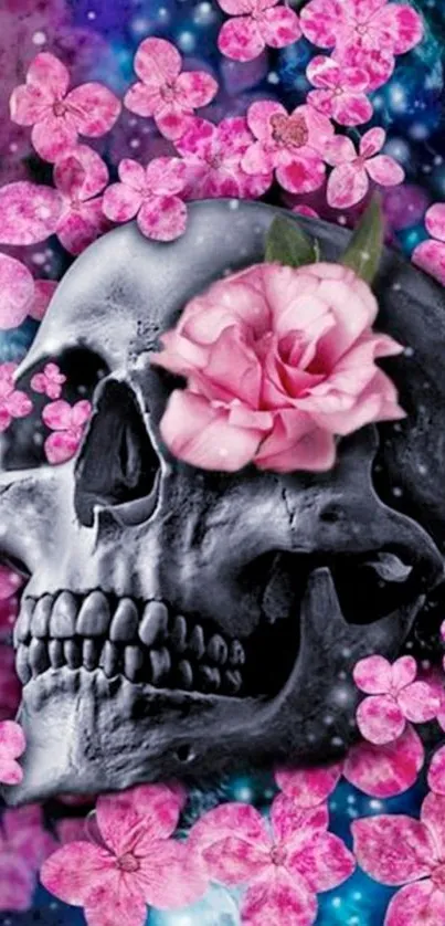 Skull adorned with pink flowers on a dark background.