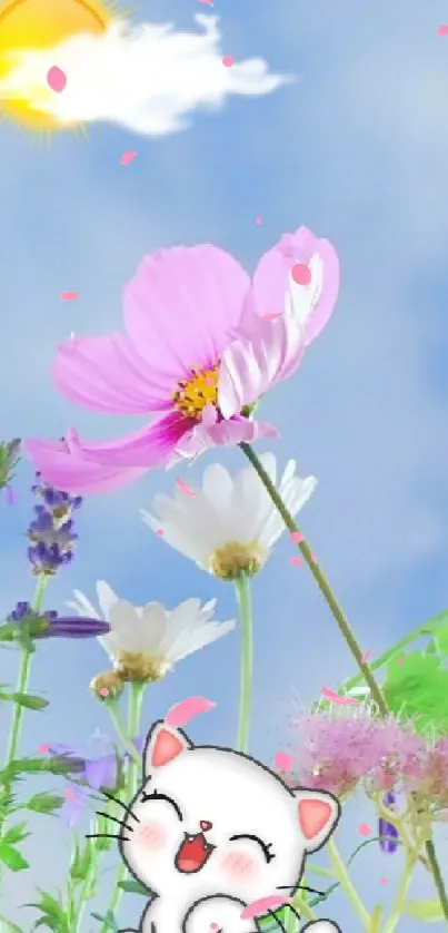 Whimsical wallpaper with flowers and kitten under a blue sky.