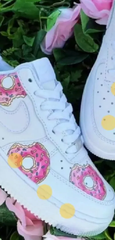 Colorful sneakers with donuts on greenery and pink roses.