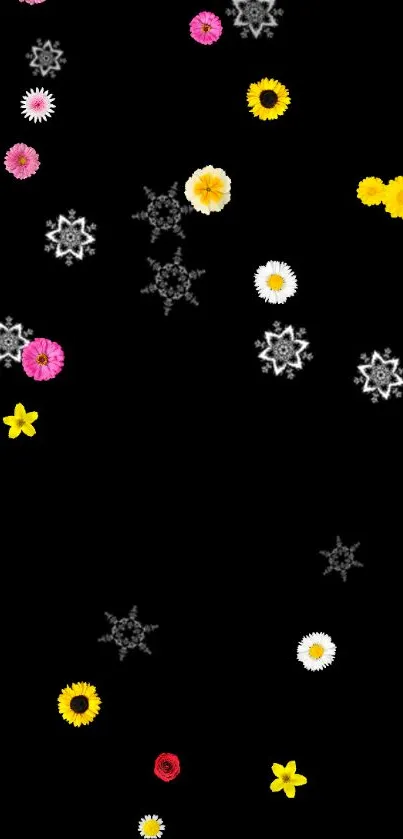 Elegant wallpaper with colorful flowers and snowflakes on a black background.