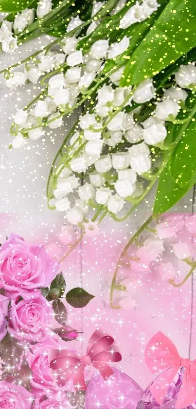 Vibrant floral wallpaper with sparkles.