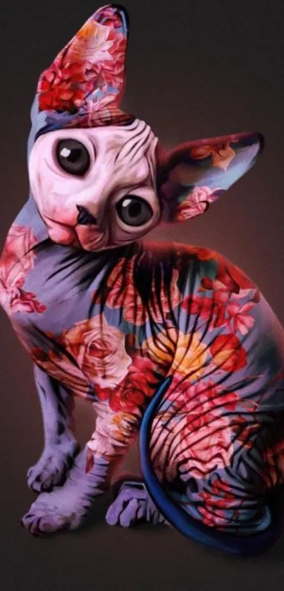 Vibrant floral Sphynx cat wallpaper for phone.