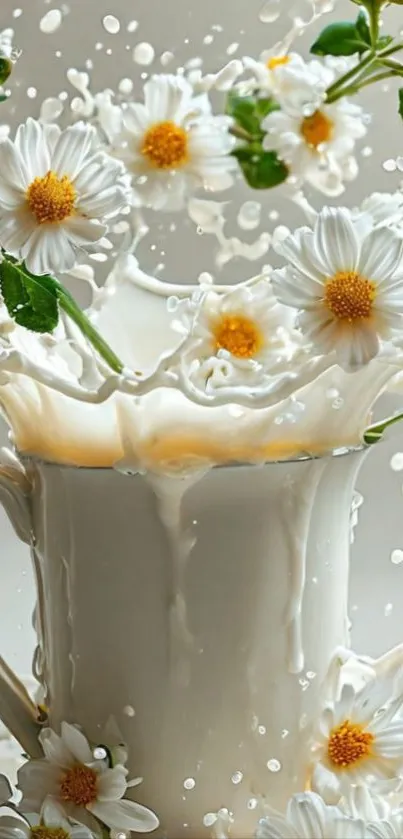 White teacup with milk and daisies splashing around.