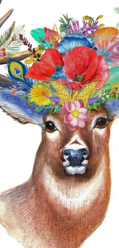 Deer with colorful floral headdress on white background.