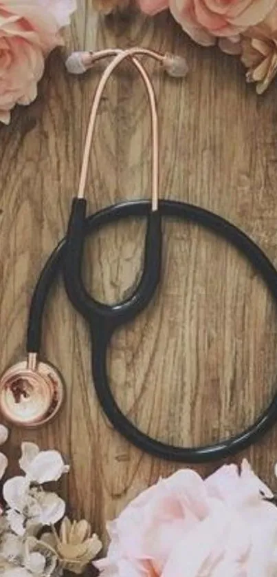 Floral stethoscope on wooden background with pink flowers.