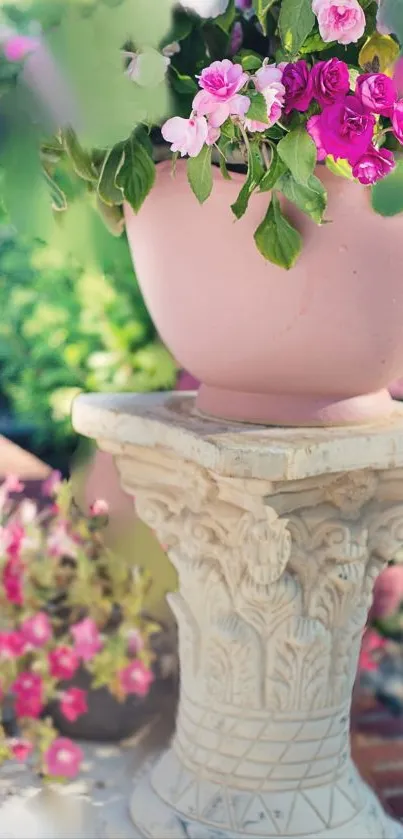 Beautiful stone vase with pink flowers and lush green background.