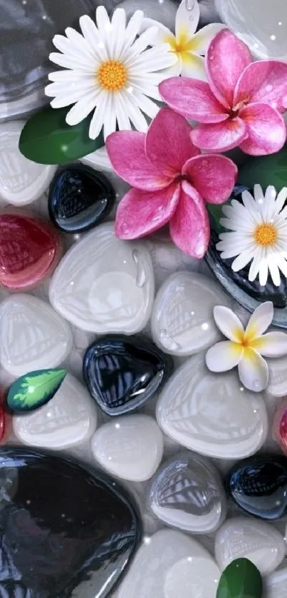 Colorful floral stones wallpaper with daisies and blooms.