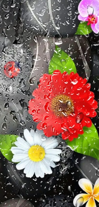 Mobile wallpaper with colorful flowers on black stones.