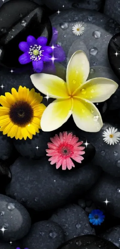 Floral stones wallpaper with colorful flowers on black pebbles.