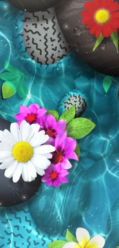 Vibrant wallpaper with stones and flowers underwater