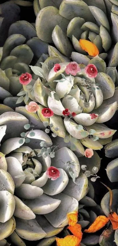 Floral succulents with grey leaves and pink flowers on mobile wallpaper.