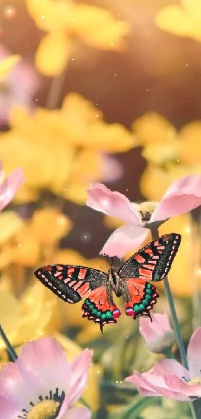 A vibrant garden with flowers and butterfly under sunlight, ideal for mobile wallpaper.