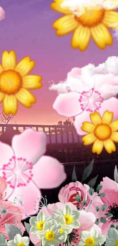 Mobile wallpaper with pink and yellow flowers against a sunset sky.