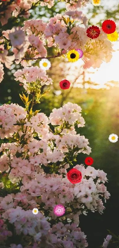 Blooming pink flowers in sunset light with colorful blooms.