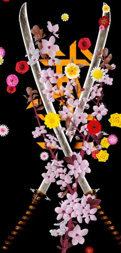 Artistic floral and sword mobile wallpaper with vibrant flowers.