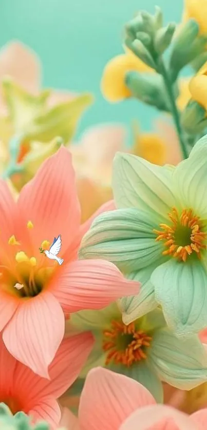 Colorful flowers with a white bird in mint-green background.