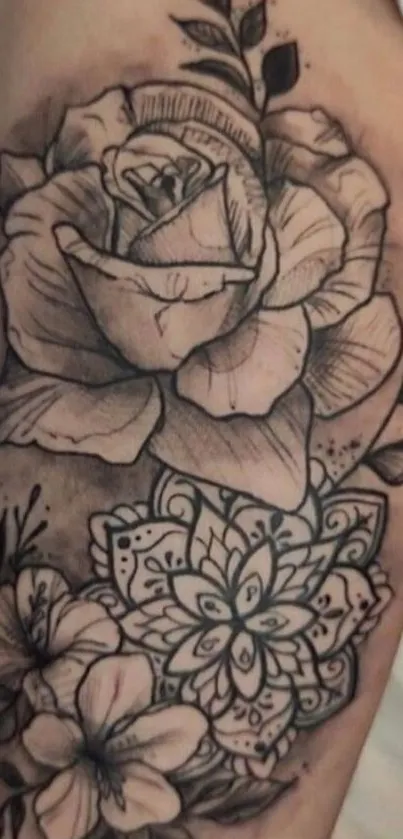 Detailed floral tattoo arm design featuring roses and patterns.