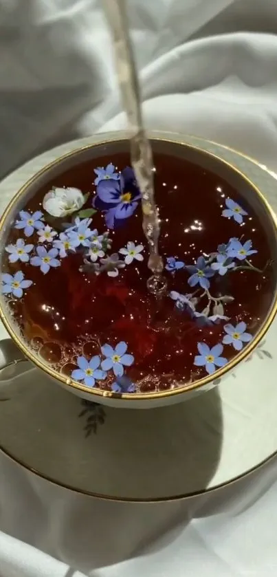 Aesthetic wallpaper with golden-rimmed tea cup and blue flowers.