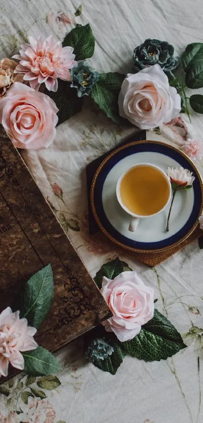 Vintage book and tea cup surrounded by delicate roses on beige background.