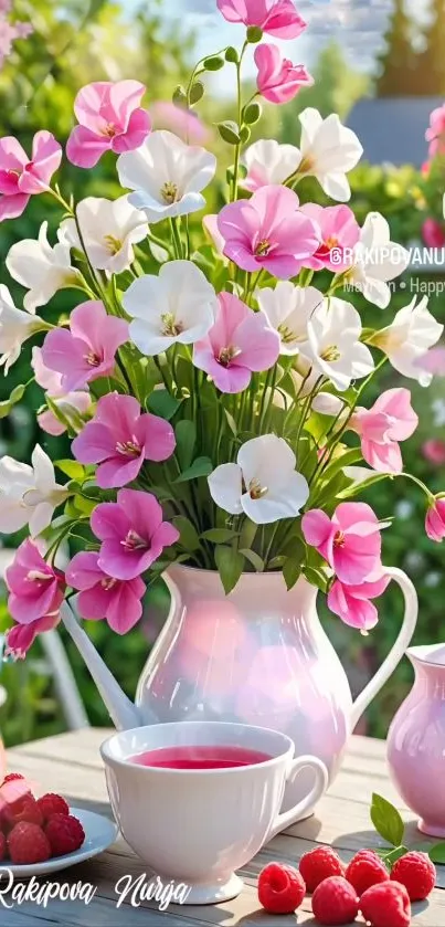 Vibrant floral vase with tea and raspberries in a garden setting.