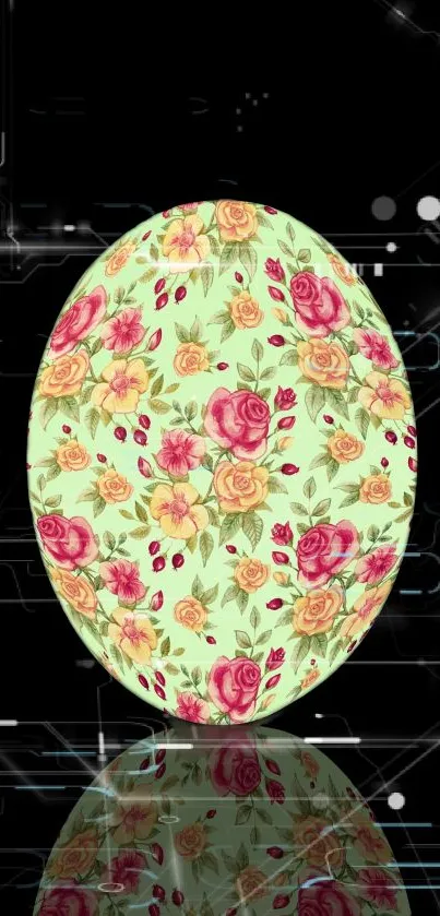 Floral tech wallpaper with a reflective design on a mint green background.