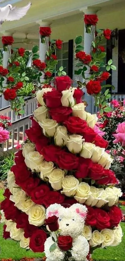 A garden scene with teddy bears and floral arrangements.