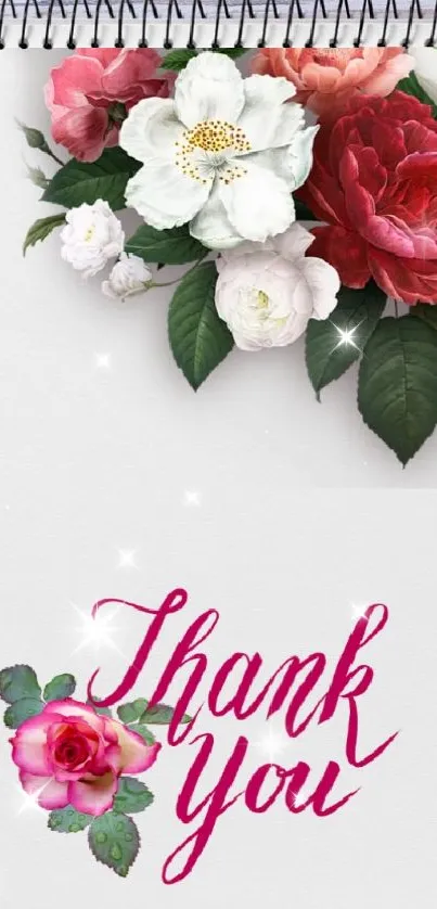 Floral Thank You message on notebook with art tools and coffee.