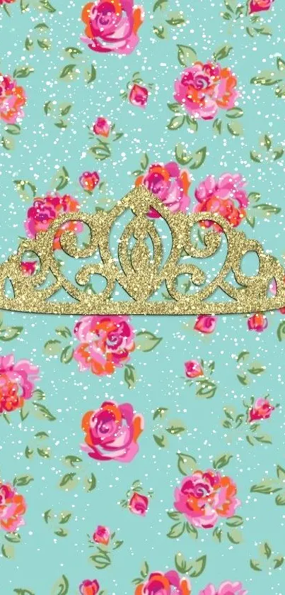 Gold tiara on teal floral wallpaper with pink roses.