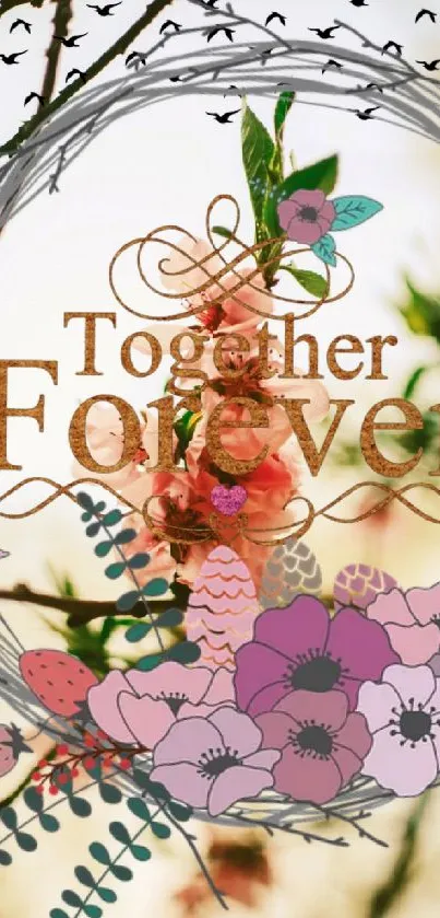 Romantic floral wallpaper with text 'Together Forever' and pastel blossoms.